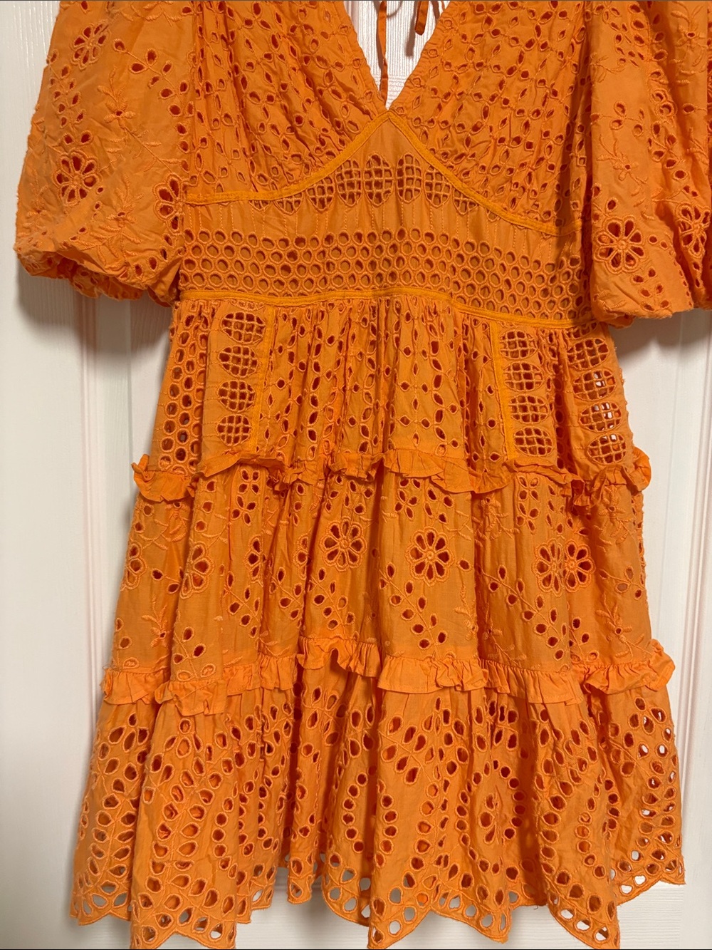 Cynthia Rowley Orange Eyelet Tiered V‑Neck Mini Dress - Picture 3 of 7